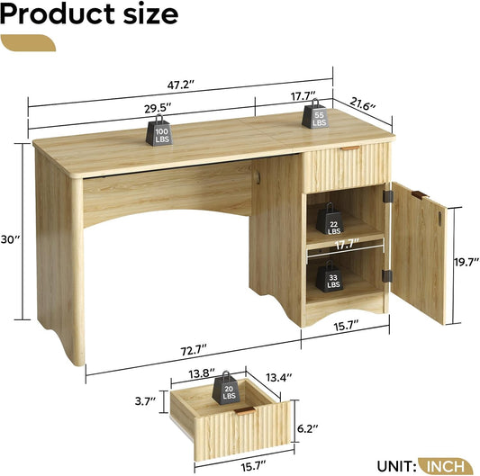47 Inch Computer Desk with Drawer, Office Desk with File Cabinet, Modern Executive Desk Adjustable Shelves for Home Office Bedroom Study, Natual Oak