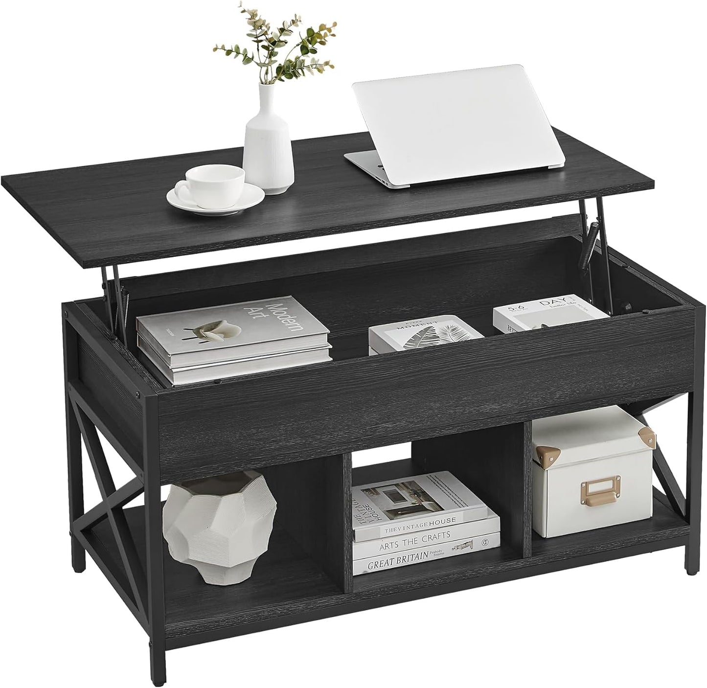 Lift Top Coffee Table, Lift Coffee Table with Storage Shelf, Hidden Compartments and Lifting Top, for Living Room, Office, 19.7 X 39.4 X (19.3-24.4) Inches, Black with Wood Grain ULCT202B22