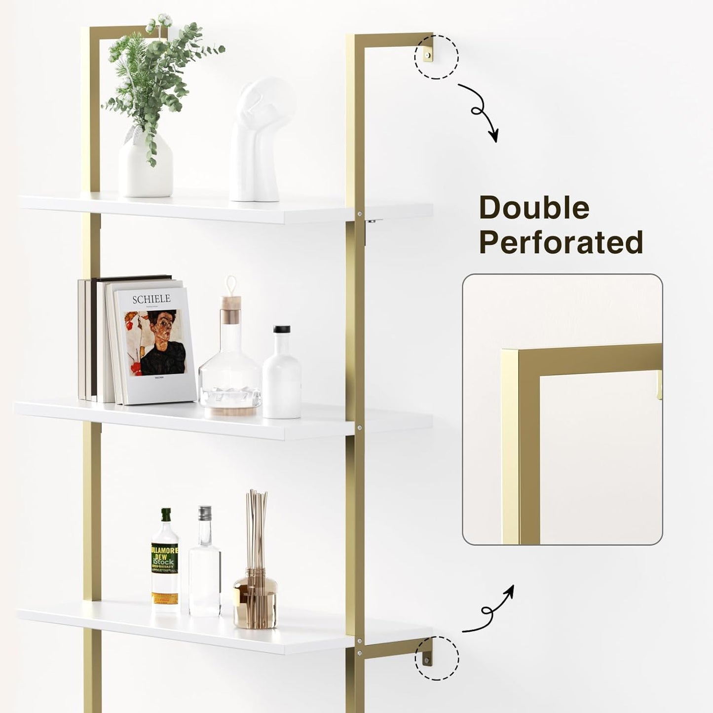 3 Tier White & Gold Ladder Shelf with Storage Cabinet, Modern Ladder Bookshelf with Doors, Wall Mount Bookcase with Metal Frame, Display Shelves for Living Room, Bedroom, Bathroom, Home Office