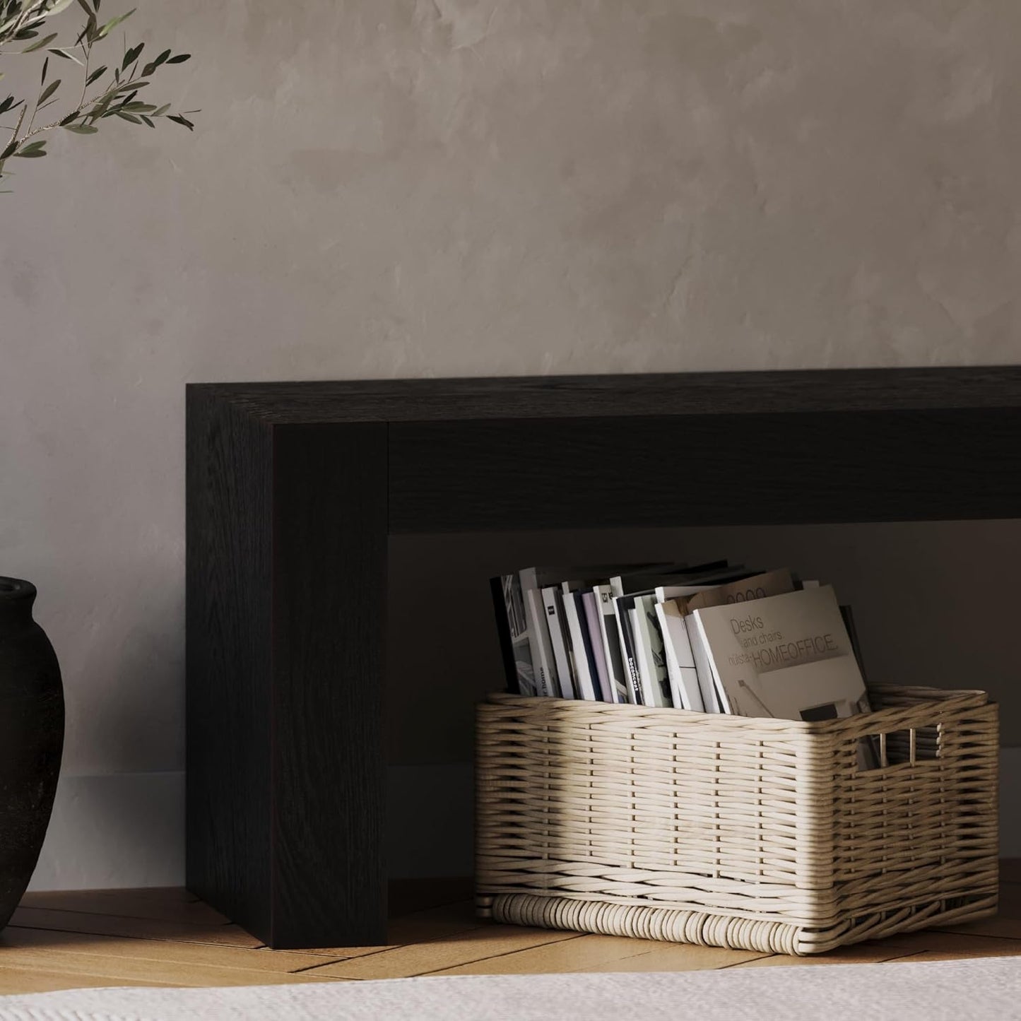 Zeno Contemporary Wooden Backless Bench Seating for Modern Dining, Kitchen Table, Entryway, Foyer, or Lobby in Weathered Black Finish