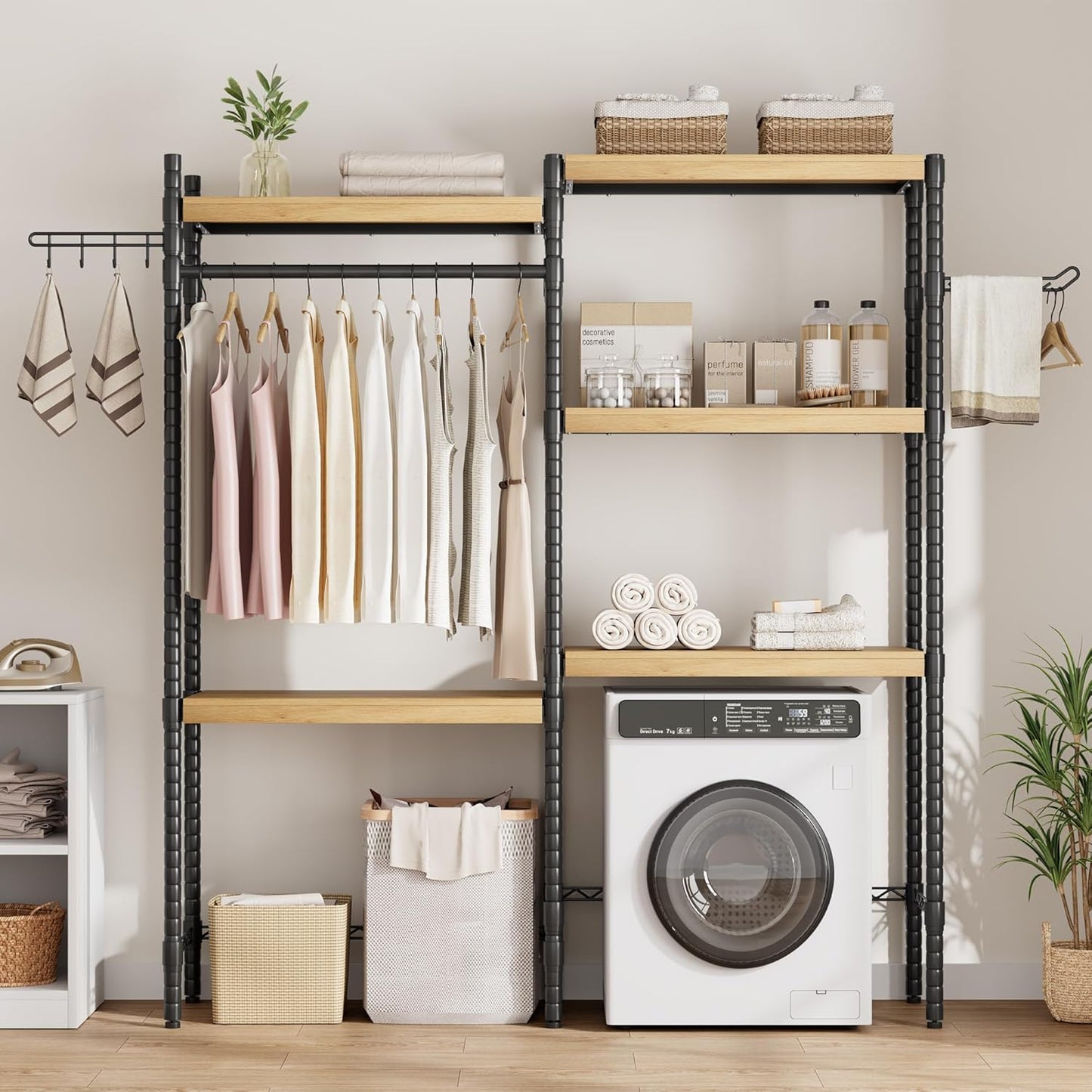 28" Over-The-Toilet/Washer Shelf – 5-Tier Laundry Organizer with Double-Layer Wood Shelves (100LB Capacity), Adjustable Height Storage for Small Spaces (Natural& Black)
