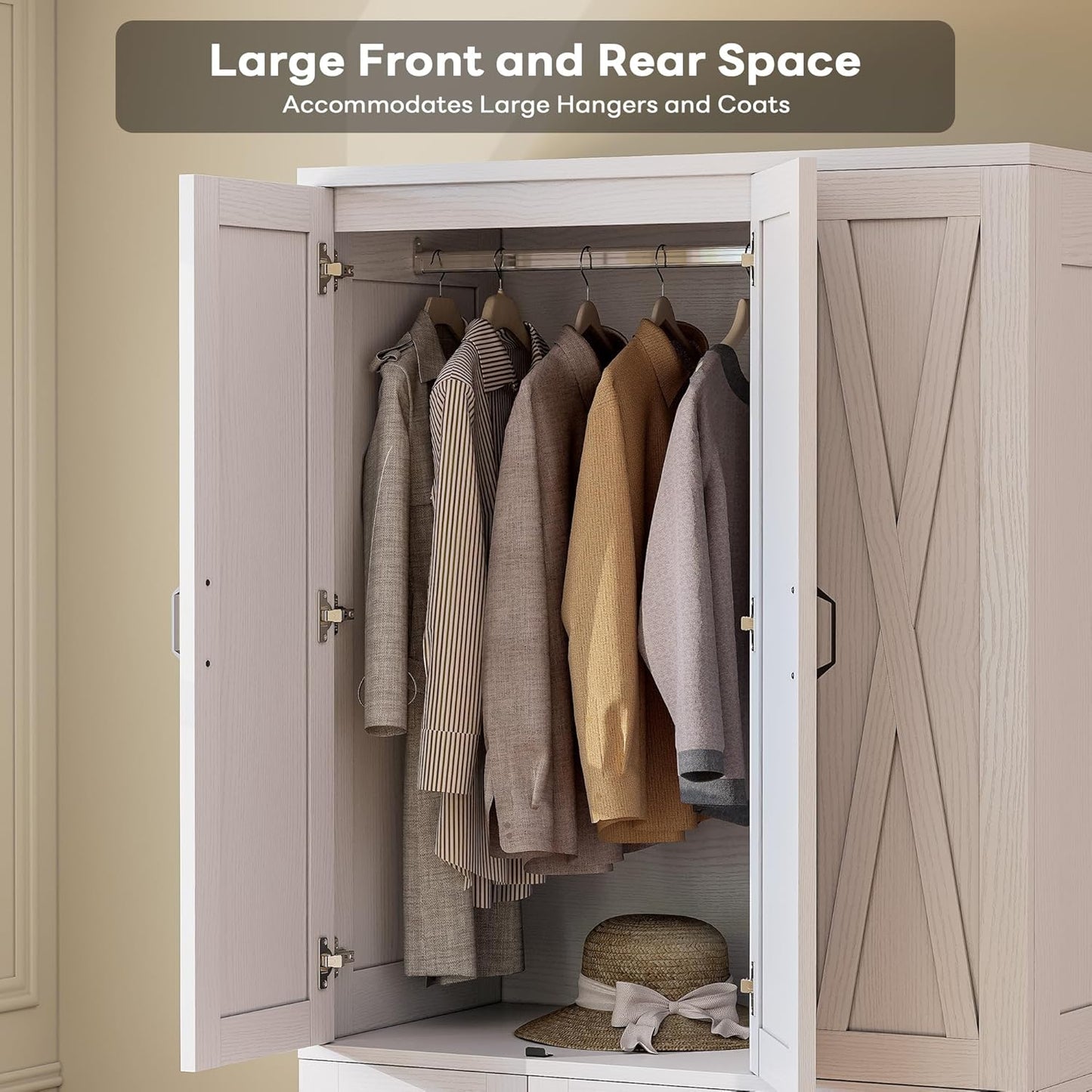 Wardrobe Closet with 5 Cabinet Doors and 3 Drawers, Large-Capacity Deep Armoire for Bedroom with 3 Side Hooks, Hanging Rod and anti - Tip Kit, White