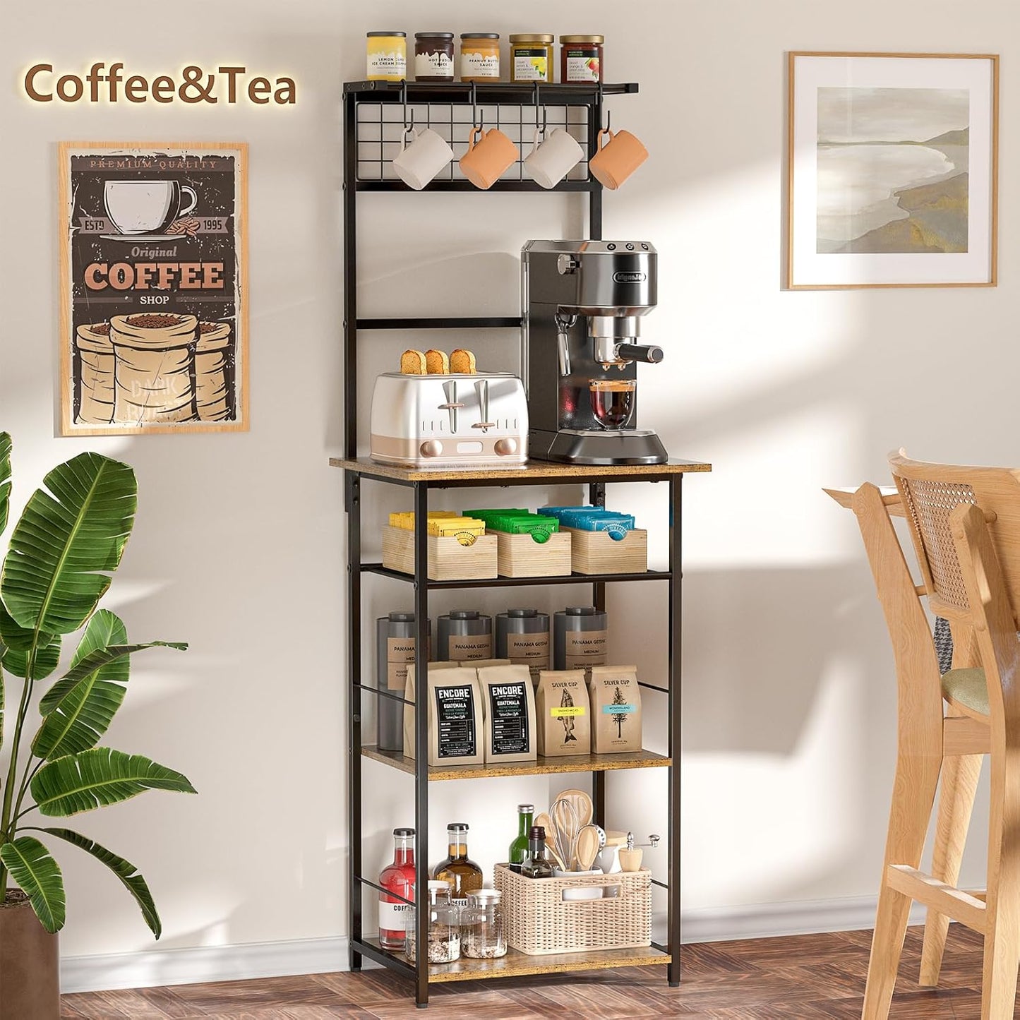Farmhouse 5 tier corner coffee bar station with S hooks, view 7