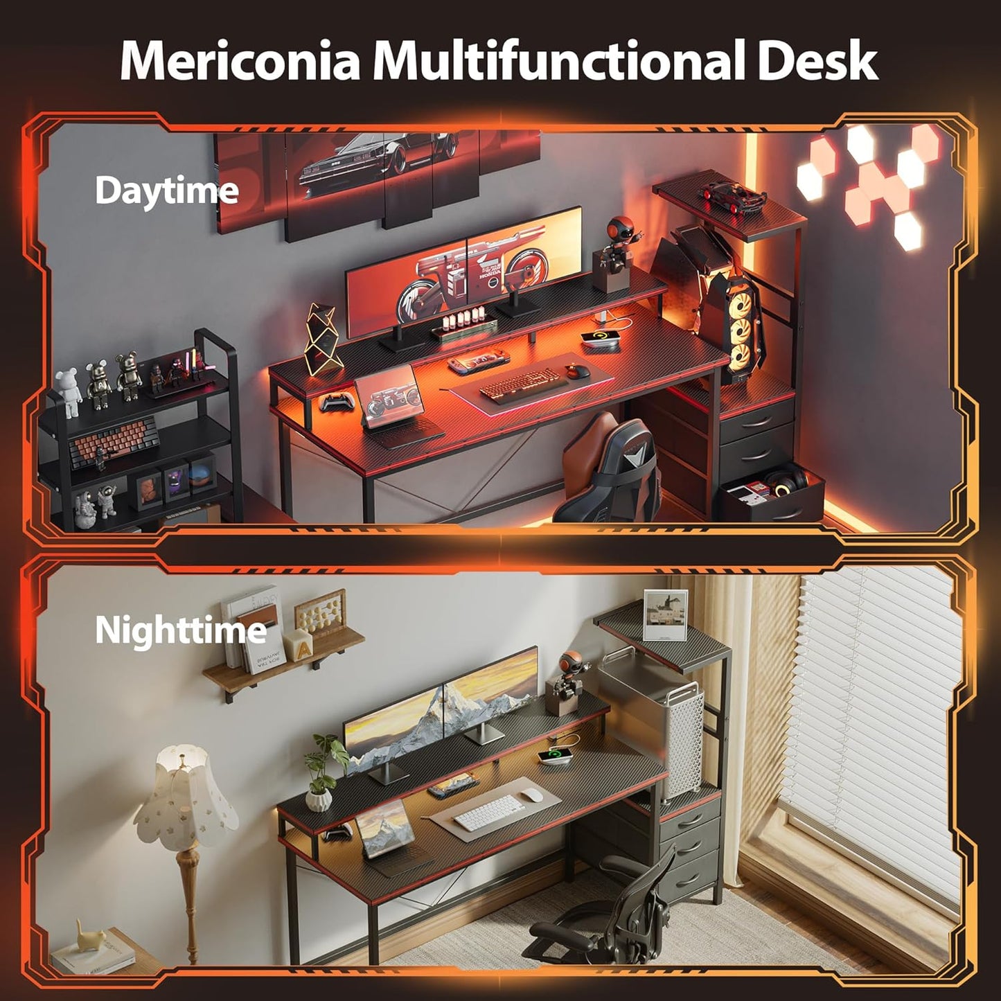 Gaming Desk with Power Outlets & LED Lights, Reversible Computer Desk with PC Case Stand, Fabric Drawers, Modern Office Desk with Shelves, Monitor Stand (Djk-Rustic Brown, 60 Inch)