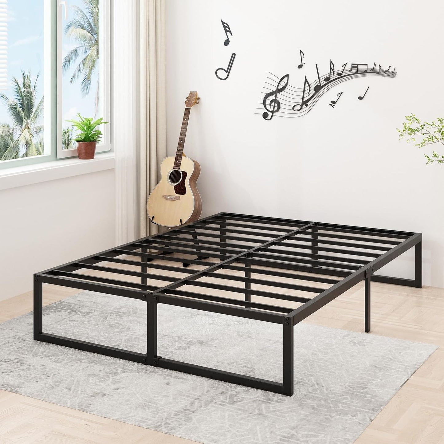 14 Inch Queen Bed Frame Heavy Duty Steel Slat Support Metal Platform Bed Frame Queen Size No Box Spring Needed, Easy Assembly, Black