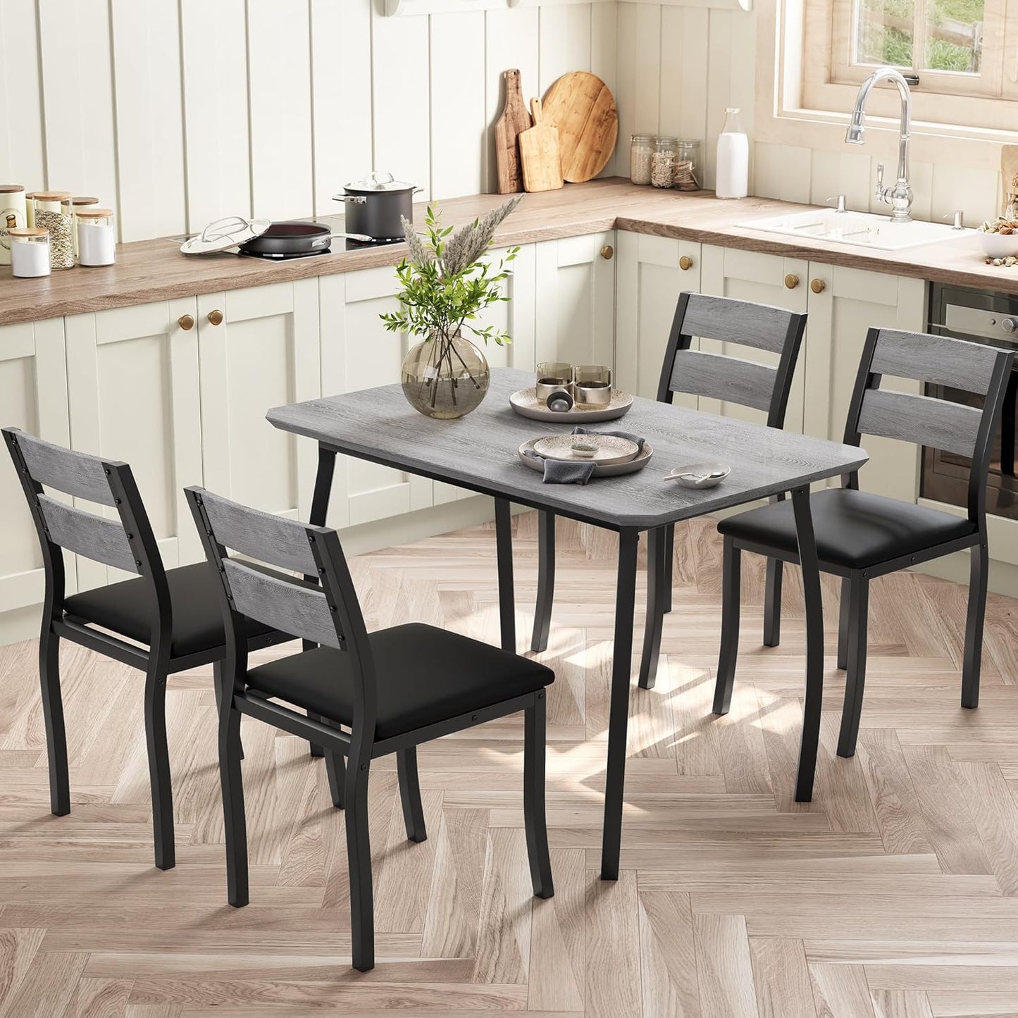 Dining Table Set for 4 Modern Kitchen Table and Chairs Set with Chamfered Edges Cushioned Seats Space-Saving Metal Frame Compact Breakfast Nook (Soft Seat Black Tube + Black)