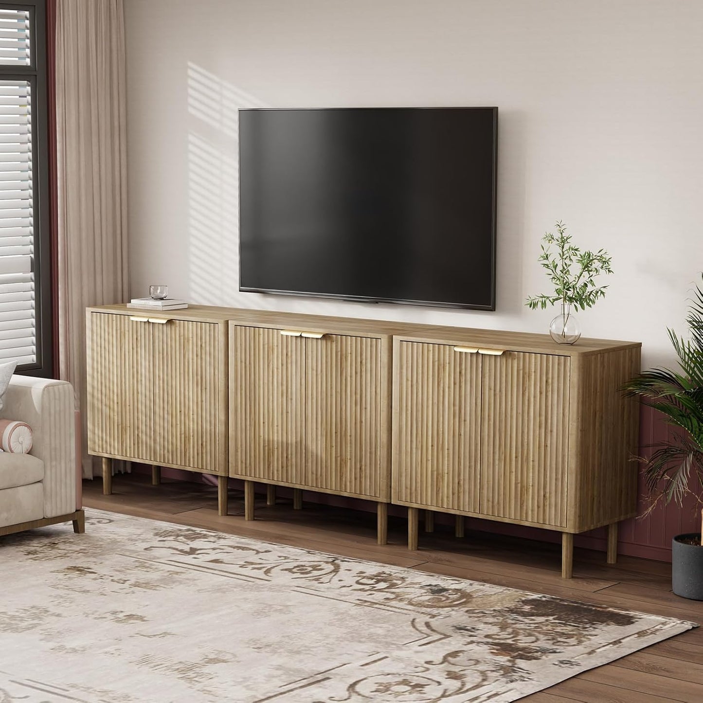 Sideboard Buffet Cabinet with Storage, Modern Fluted Accent Credenza with Doors & Adjustable Shelves, Wood Coffee Bar Console Table for Living Room, Dining Room, Kitchen or Entryway 31.5" Oak