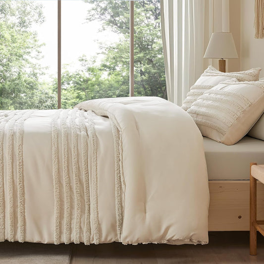 Boho Comforter Set Queen Size, Beige Tufted Striped Bed Set 3 Pieces, Soft Vintage Farmhouse Comforter for All Seasons, Boho Home Decor,Fluffy Jacquard Bedding with 2 Pillow Shams