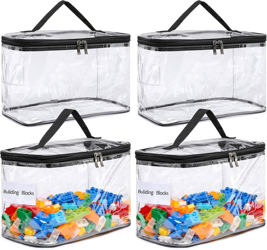 4 Pack Large Clear Storage Bags for Toys with Name Tag, Waterproof Duty PVC Toy Organizer Bag for Building Blocks, Board Games, Puzzles, Stationery and Other Small Items, Storage Bins(12.6X7.9×6.3 In)