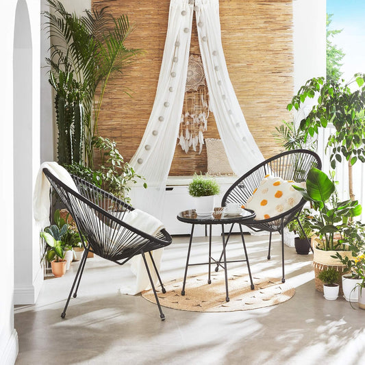 3-Piece Outdoor Seating Acapulco Chair, Modern Patio Furniture Set, Glass Top Table and 2 Chairs, Indoor and Outdoor Conversation Bistro Set, Ink Black UGGF011B01