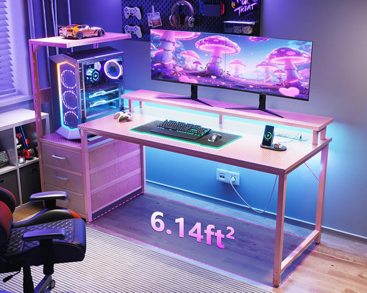 59 Inch Gaming Desk with USB Charging Ports & LED Light- Reversible Computer Desk with Storage Shelves & Monitor Stand, Modern Gamer Desk Table with Fabric Drawers, Pink
