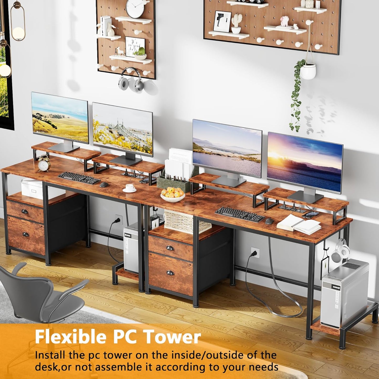 55" Computer Desk with File Cabinet and Power Outlets, Home Office Desk with 2 Movable Monitor Stands and Storage Drawer, Writing Table with Shelves and 2 Hooks for Bedroom, Rustic Brown