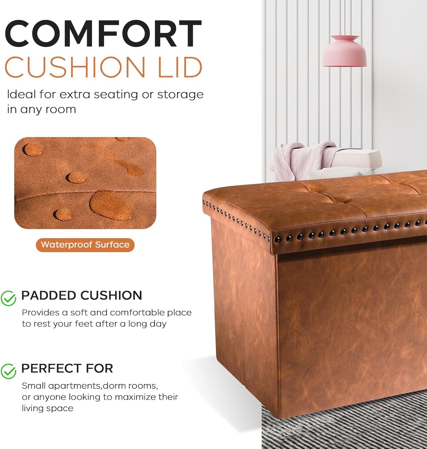 30 Inches Storage Ottoman Bench, Foldable Foot Rest with Rivet Design, 15 X 30 X 15 Inches, End of Bed Bench Footstool, Storage Chest, Load up to 330 Lb, for Living Room, Bedroom, Entryway, Oak Brown