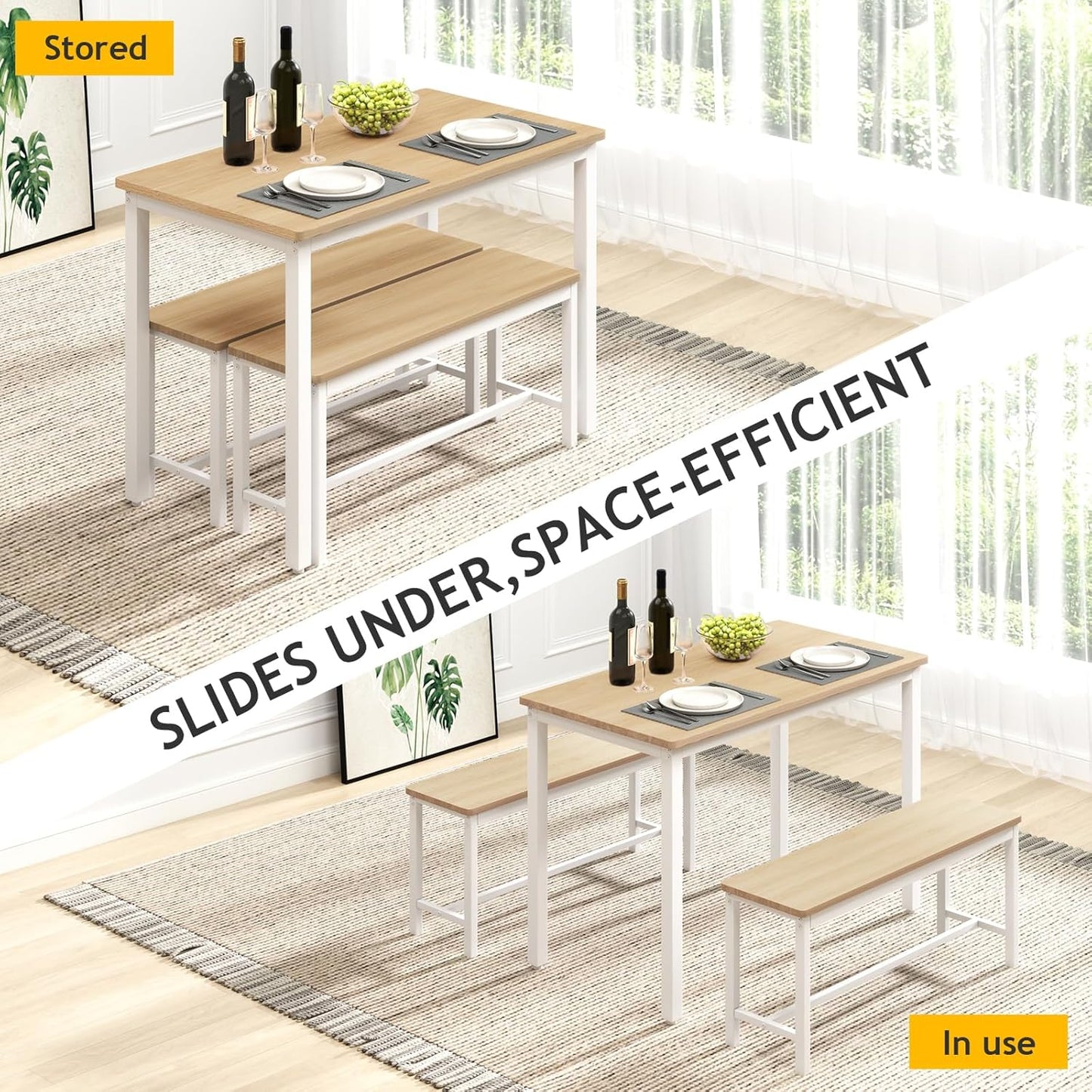 43" Dining Table Benches Set for 4, Modern Space Saving Kitchen Table Chairs & Adjustable Feet Breakfast Table 2 Benches, Wooden Industrial Style Farmhouse, White