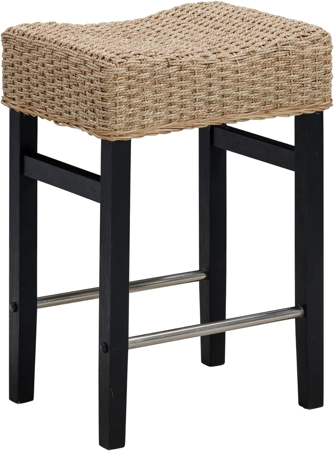 Harvey Rattan Bar Stool, Bohemian Counter Height Stool with Woven Seagrass Seat, Solid Wood Legs, and Metal Footrest Seagrass/Brushed Black