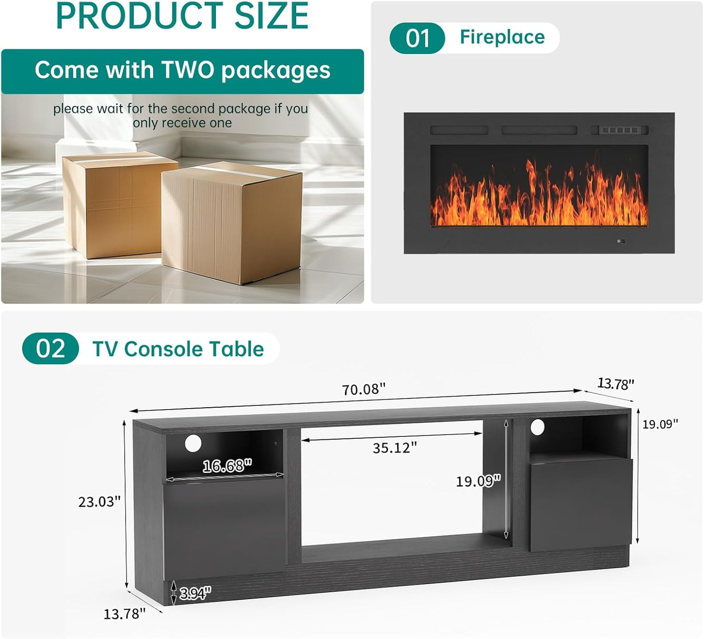 70” TV Stand with 36” Electric Fireplace, Large Modern Media Entertainment Center with Storage Cabinet and 12 Colors LED Lights for Tvs up to 80", Black TV Stand and Black Fireplace