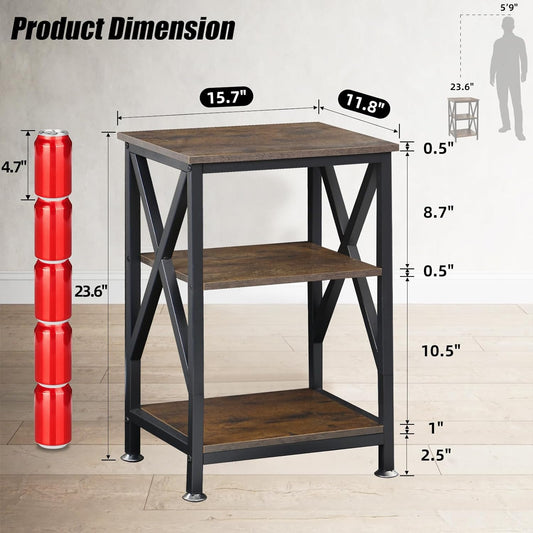 End Tables with Storage Shelf, 12" Deep X 16" Wide X 24" High, Small Side Table 3-Tier, End Tables Living Room Farmhouse, X-Shaped Night Stands for Bedrooms Bedside Tables, End Table Wood and Metal