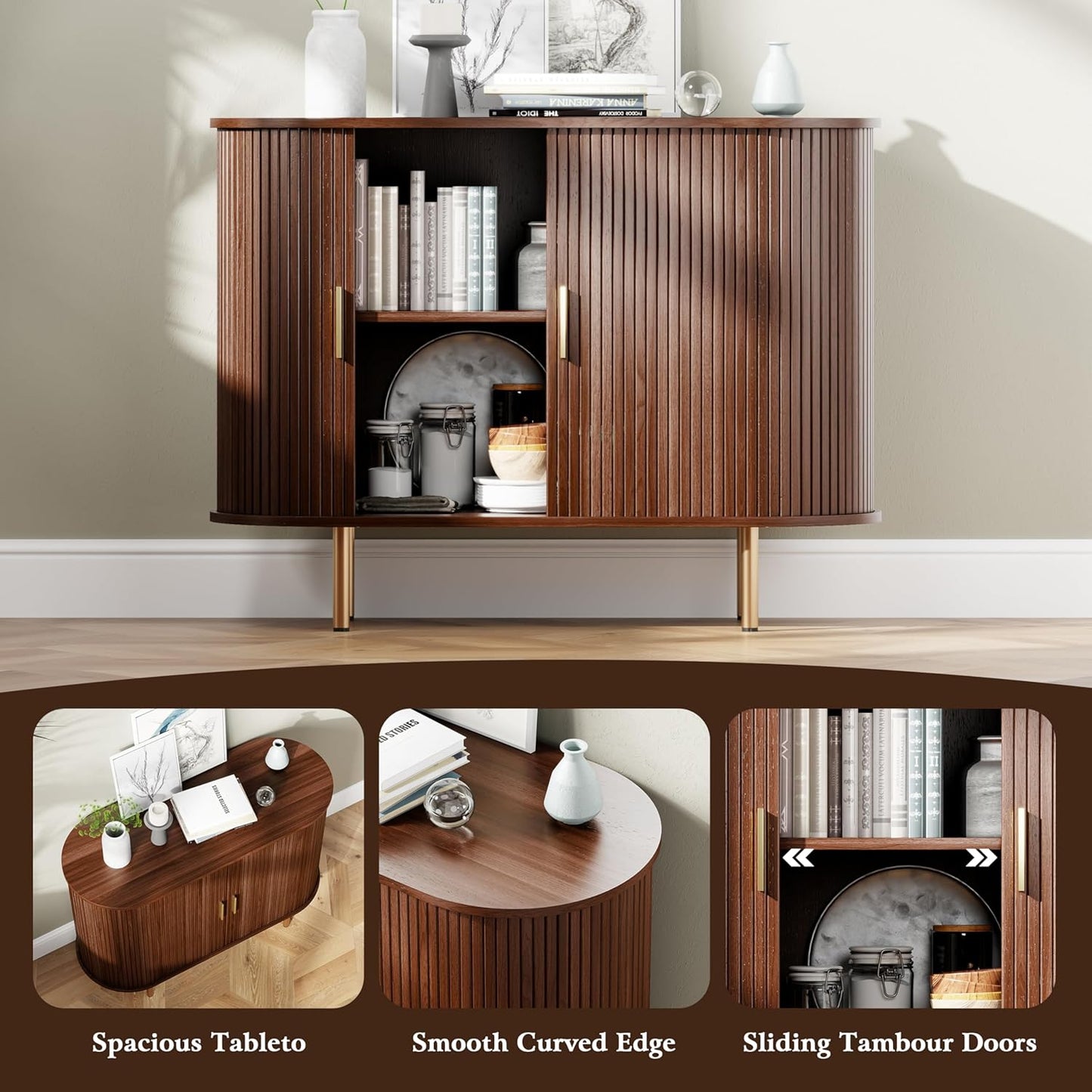 Walnut fluted mid century sideboard with tambour sliding doors, view 8