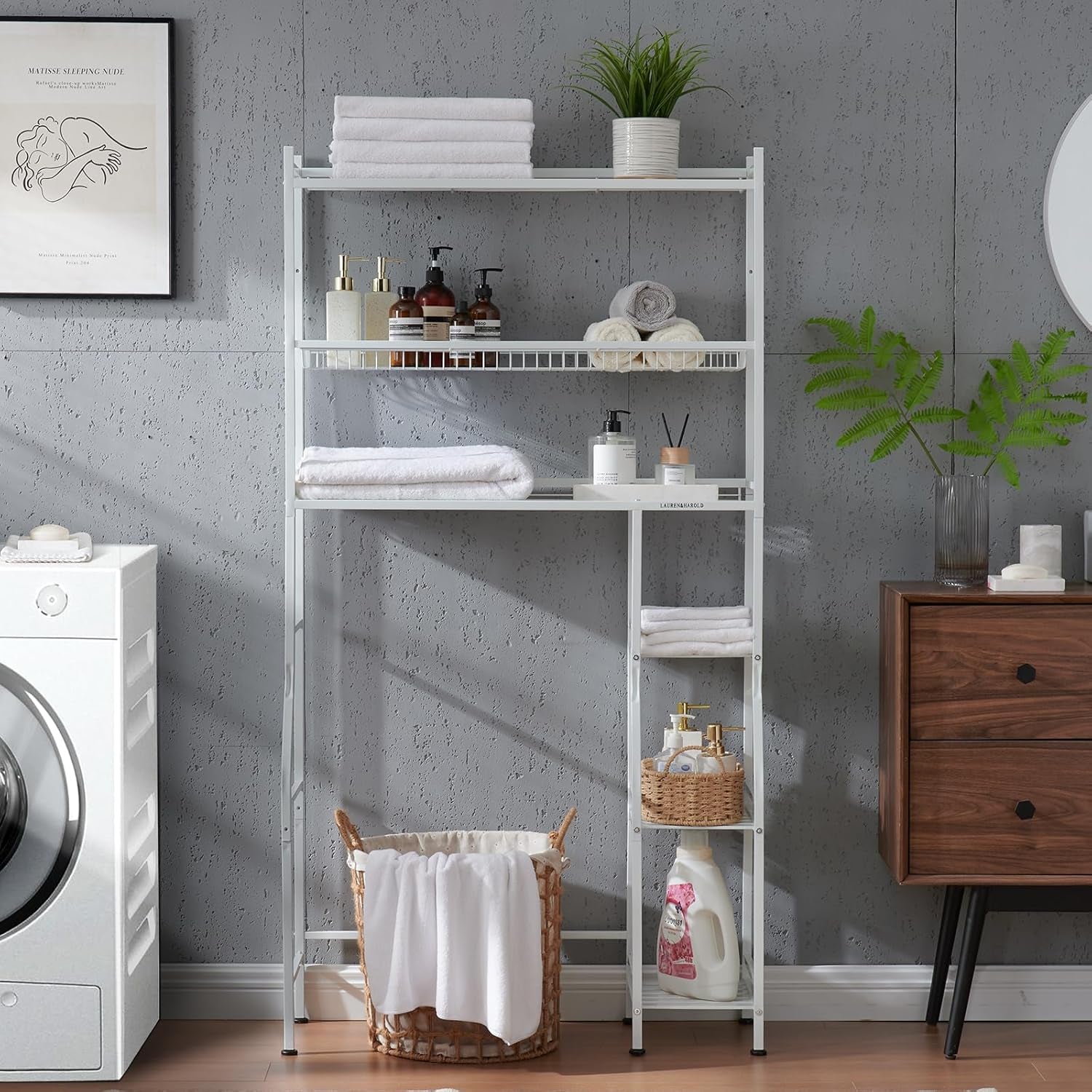 6-Tier over the Toilet Storage with Side Rack, 32.8" W X 12.2" D X 61" H over Toilet Bathroom Organizer, Freestanding above over Toilet Storage Shelf for Restroom, Laundry, Black