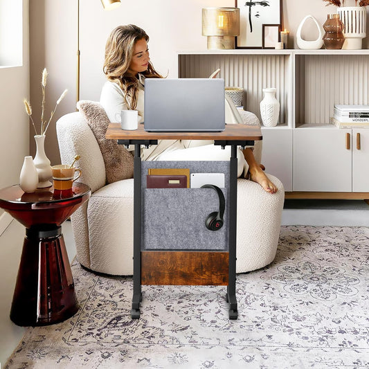 Height Adjustable Standing Desk with Storage Bag Widths16 in Length 24 In, Portable Rolling Mobile Stand up Table with Wheels, 360 Degree Flip Laptop Computer Desk for Home Office, Rustic Brown