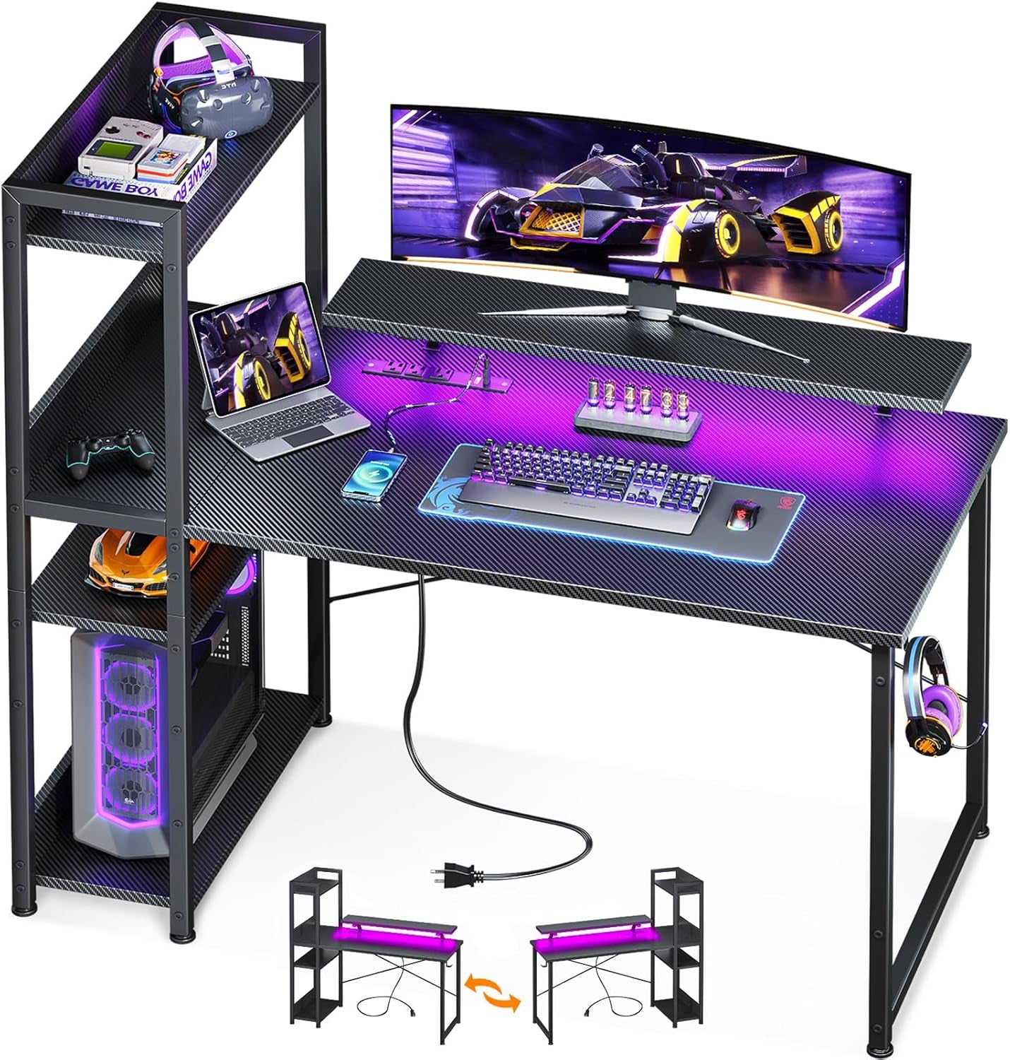 Reversible Gaming Desk with USB Charging Port and LED Lights, 40 Inch Computer Desk with Storage Shelves & Monitor Stand, Study Table for Home Office, Small Space Bedroom, Carbon Fiber Black