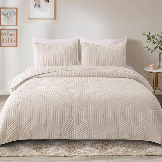 Ultrasonic King Quilt Bedding Set, Lightweight Brich Beige Bedspreads Soft Modern Geometric Coverlet Set for All Seasons (1 Quilt and 2 Pillow Shams)