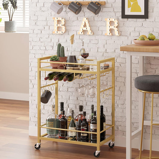 Bar Cart, Serving Cart for Home, Drink Cart, Mobile Kitchen Shelf with Wine Rack and Glass Holder, Rolling Beverage Cart, Gold BC01BB031