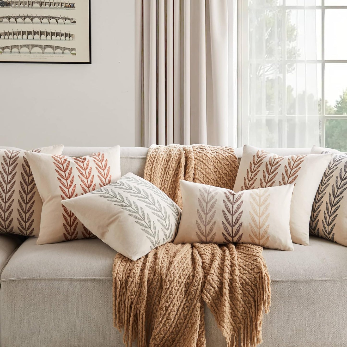 100% Cotton Farmhouse Leaves Throw Pillow Covers Set of 2, 18X18 Inch Mixed Beige Pastoral Decorative Print Cushion Covers for Sofa Bed Living Room Home Decor