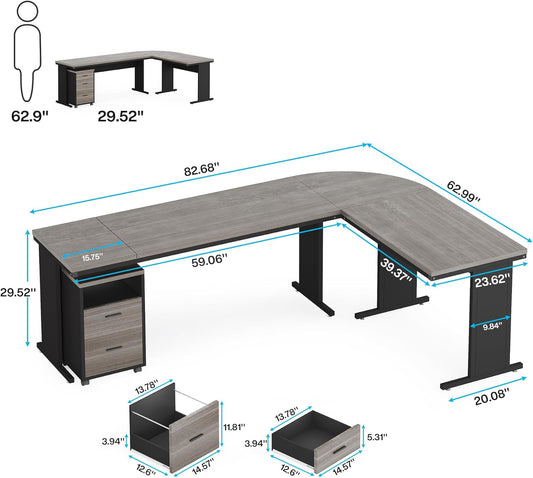 83" L-Shaped Executive Desk, Large Office Desk with Drawes, Industrial Corner Computer Table with File Cabinet, Business Workstation for Home Office (Gray, 83")
