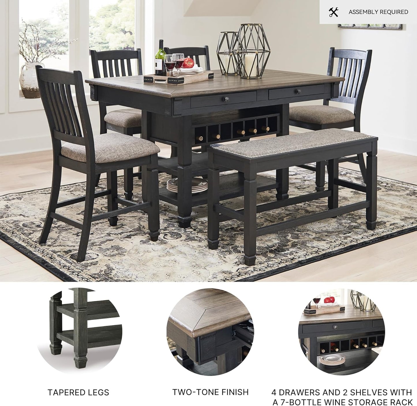 Tyler Creek Farmhouse 36"Counter Height Dining Table with Wine Rack, Amost Black