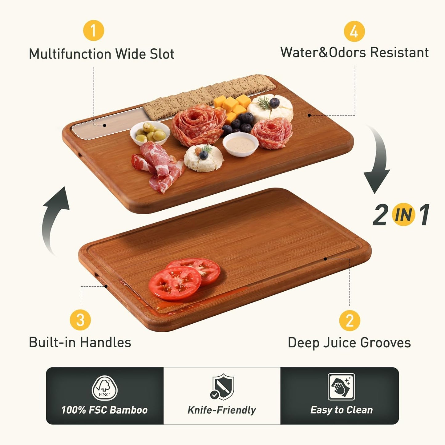 3 Packs Bamboo Cutting Board Set with Holder Nice Solid Thick Wood Deep Juice Groove & Built-In Handles Chopping Board Large Big Small Best Hardwood Kitchen Counter Organic Vegetable Meat BBQ Kit