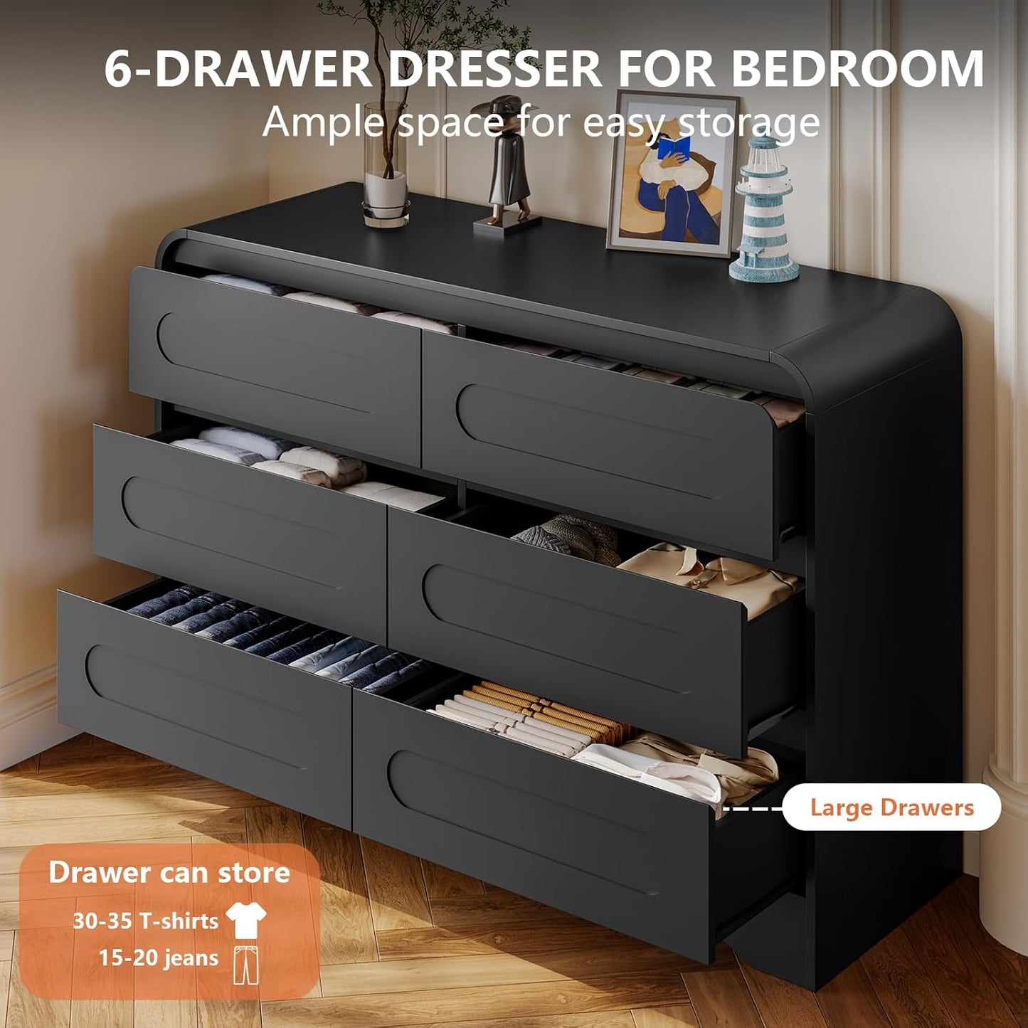 3 Piece Bedroom Set, Dresser and Nightstand Sets for Bedroom, Wood 6 Drawer Dresser & Night Stand Set of 2, Wide Chest of Drawers Modern Storage Cabinet Bedroom Furniture Set, Black