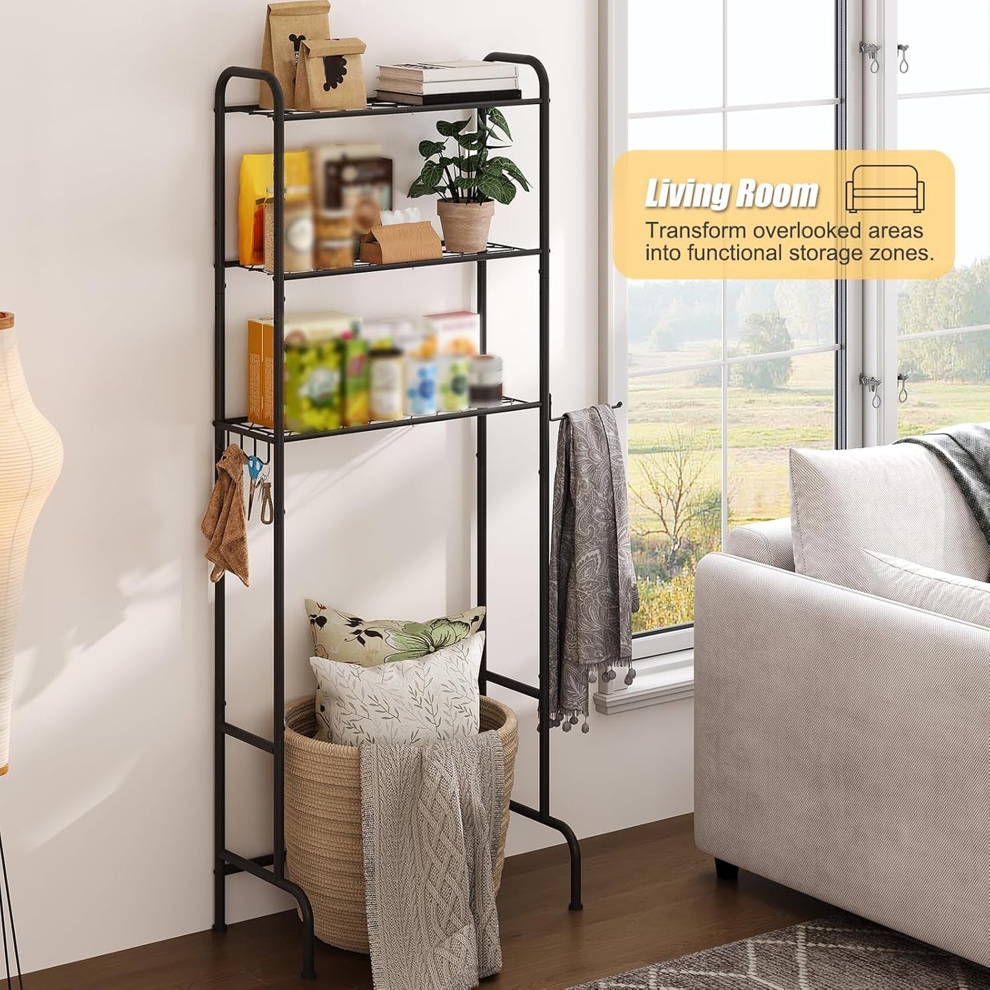 Over the Toilet Storage,3-Tier Heavy Duty Metal Bathroom Organizer, Freestanding Space Saver with Wide Shelves for Towels & Toilet Paper (Black)