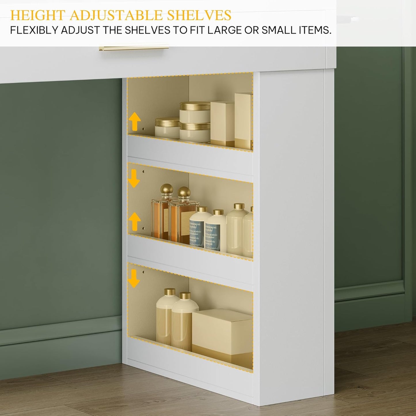 Makeup Vanity Desk with Mirror & Lights, 40Inch Vanity Table with Power Outlets, 4 Drawers & 6 Open Storage Shelves, 3 Color Modes & Adjustable Brightness Dressing Table for Bedroom, White