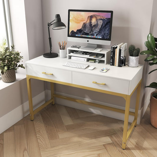 Women Makeup Vanity Desk with 2 Drawers - Bedroom Home Office Desk, Wooden Height Monitor Stand & Storage Shelf without Mirror, White Table Great Gift for Her