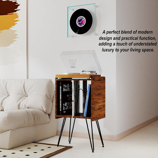 Record Player Stand with Vinyl Storage – Compact 12×15In Turntable Tabletop, 27In Tall Mid Century Modern Record Player Cabinet for Small Spaces
