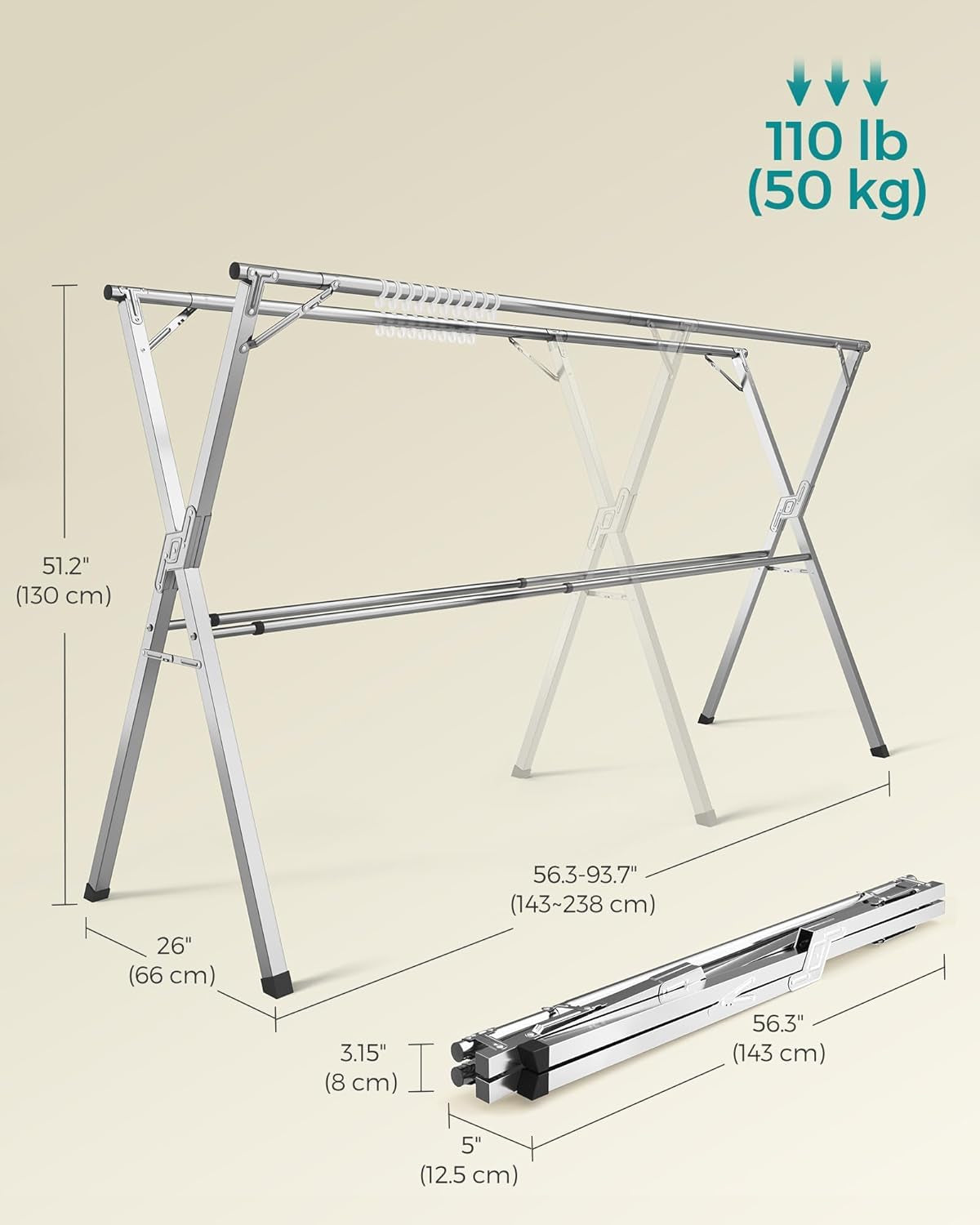 Clothes Drying Rack, Heavy-Duty Laundry Drying Rack, 56.3-93.7 Inches Extendable, Foldable Freestanding Airer, Stainless Steel, for Indoor Outdoor Use, Dove Gray ULLR903E01