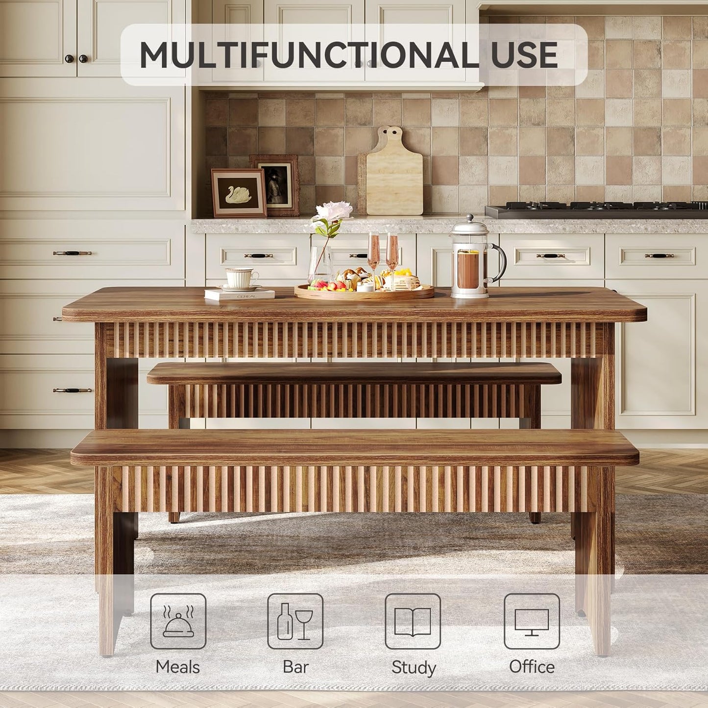 55" Dining Table with 2 Benches, Dining Table Set for 4-6 People, Farmhouse Kitchen Table with Bench, Dining Room Table Set