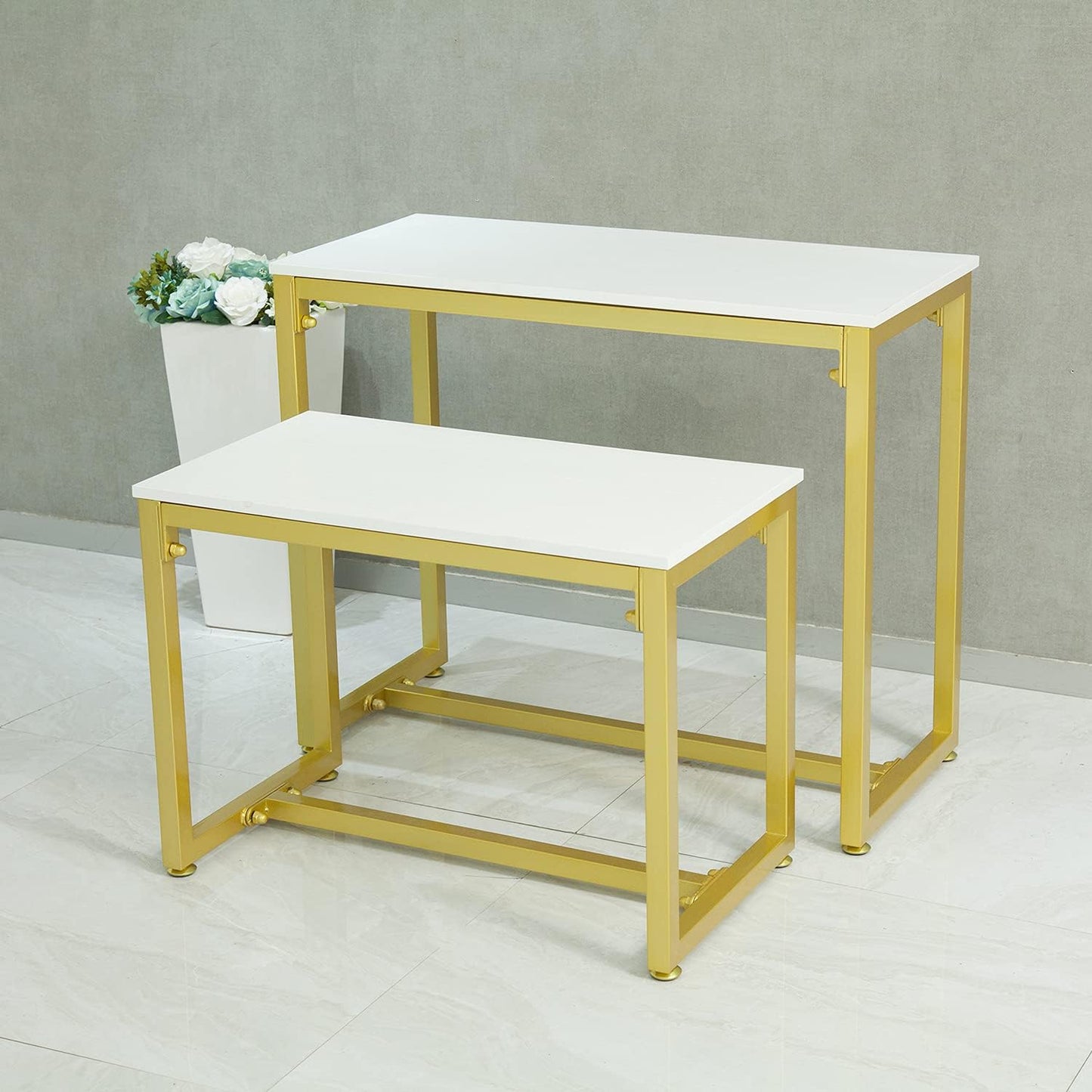 Metal Shoe Handbag Retail Display Racks, Nesting Tables 2 Piece Set, Display Stand for Retail Stores, Iron and Wood, Gold