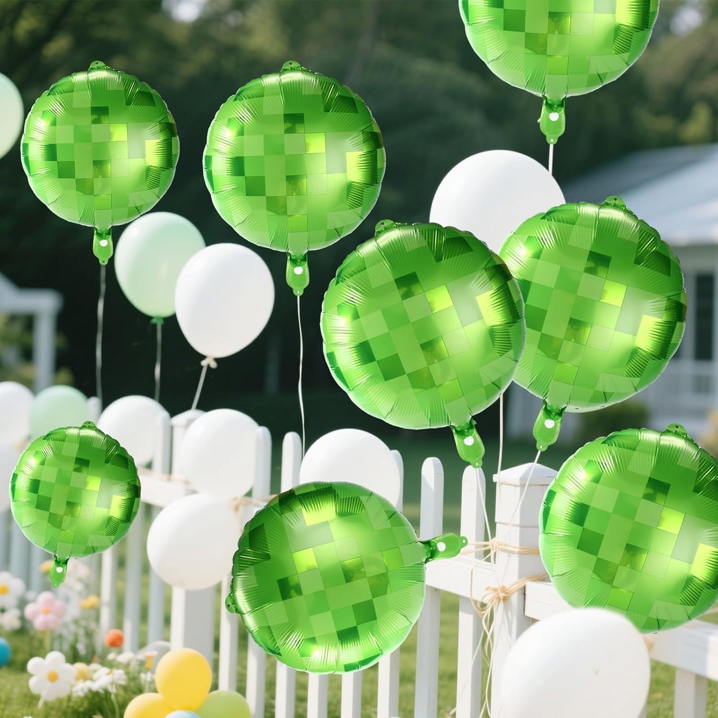 12Pcs Green Pixel Balloons, 18In Pixel Style Aluminum Film Foil Balloons with Ribbons & Straws for Theme Birthday Party Decorations