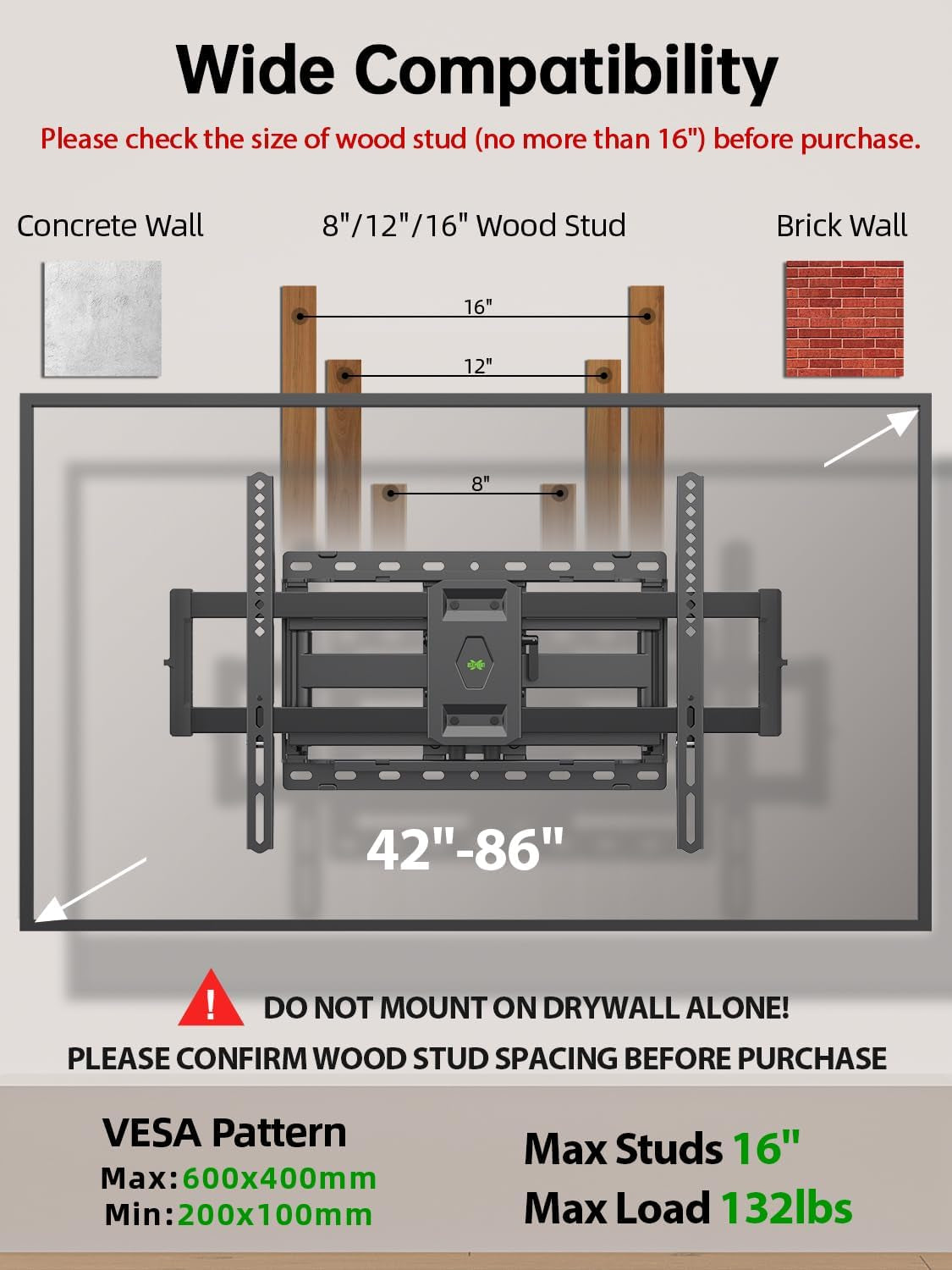 Full Motion TV Wall Mount for Most 42-86 Inch Flat Screen/Led/4K, TV Mount Bracket Dual Swivel Articulating Tilt 6 Arms, Max 16" Wood Studs, VESA 600X400Mm, Holds up to 132Lbs