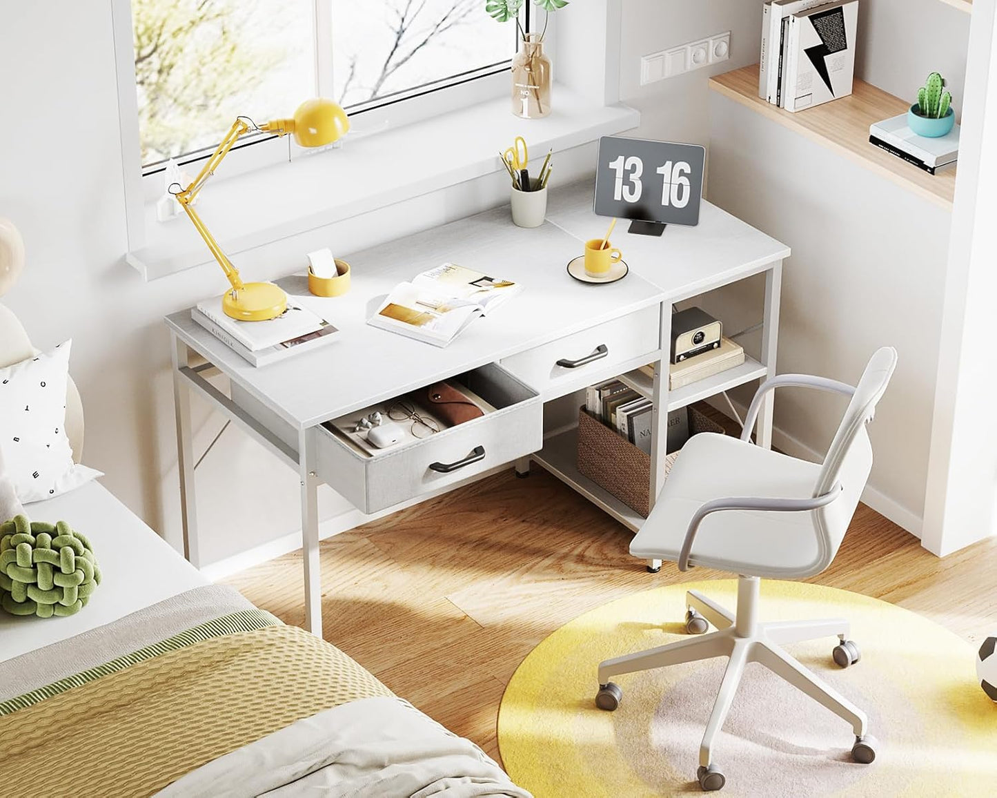 Small Computer Desk with Drawers, 40 Inch Reversible Home Office Desk with Storage Shelves, Study Laptop Vanity Table for Bedroom Small Space, White