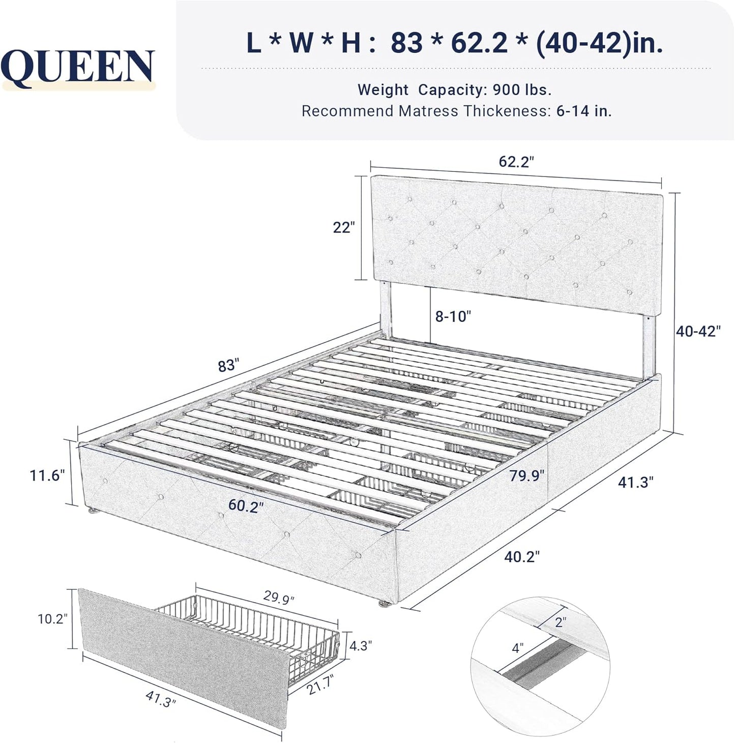 Upholstered Queen Size Platform Bed Frame with 4 Storage Drawers and Headboard, Diamond Stitched Button Tufted, Mattress Foundation with Wooden Slats Support, No Box Spring Needed, Dark Grey
