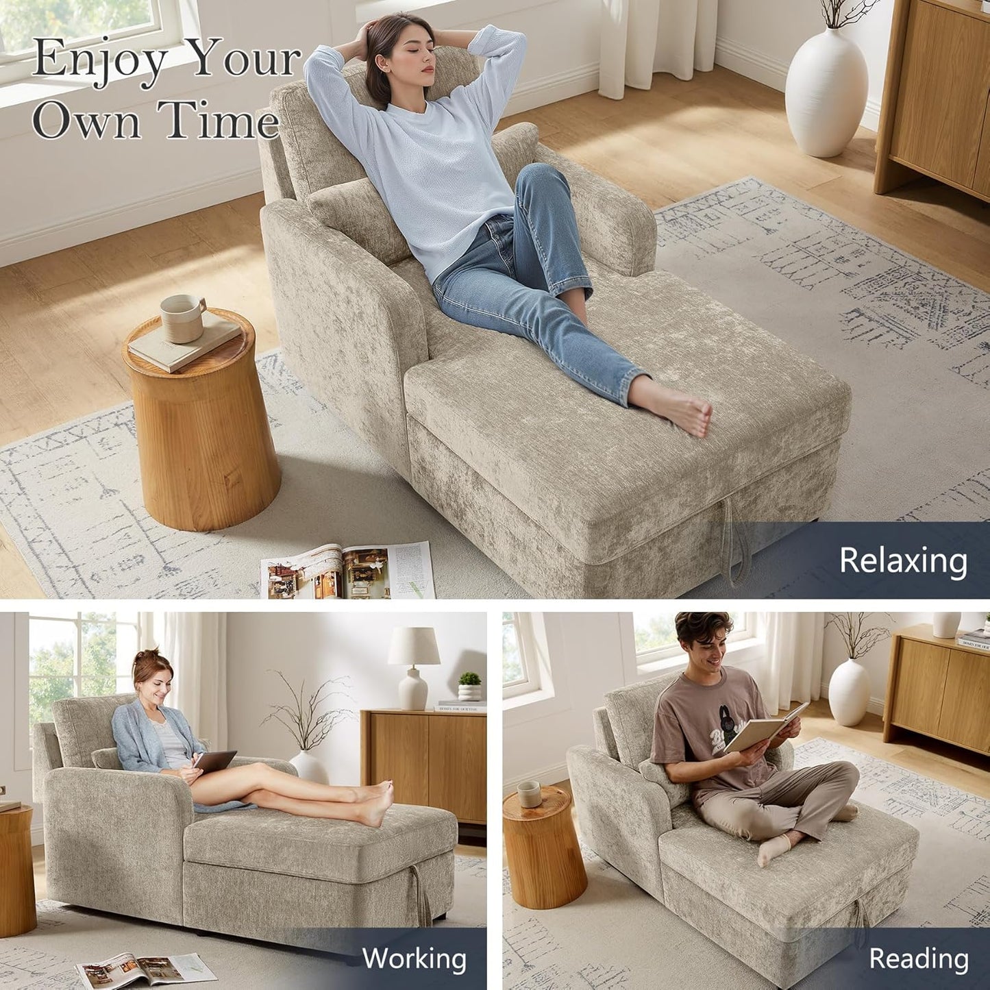 Chaise Lounge Chair Indoor with 2-Position Adjustable Backrest, Chenille Lounge Sofa Chairs with Storage Space & 2 Pillows, Modern Upholstered Reading Chair for Living Room, Bedroom, Office