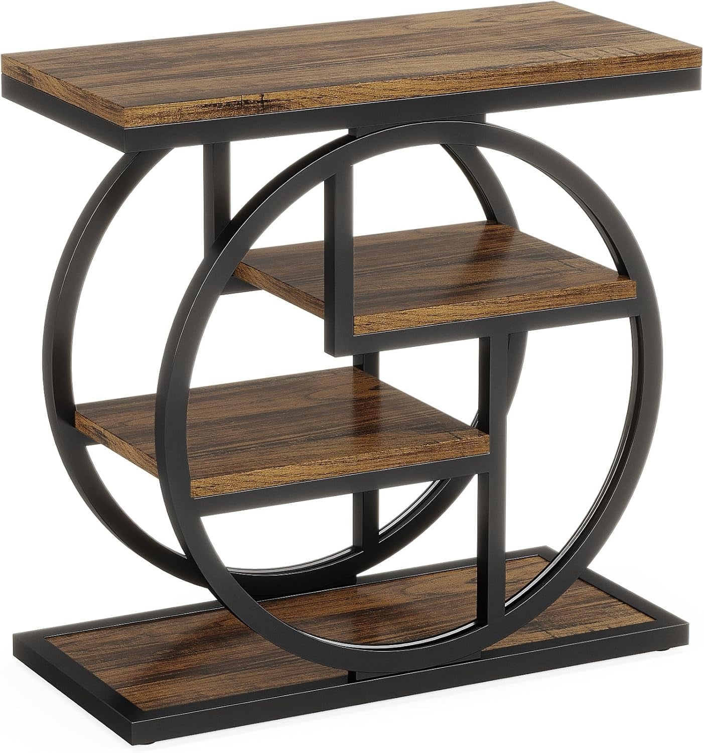 End Table for Living Room, 4-Tier Narrow Side Table with Storage Shelves, Industrial Bedside Table for Bedroom, Wood Small Sofa Side Table with Geometric Metal Frame (1 PC, Rustic Brown)
