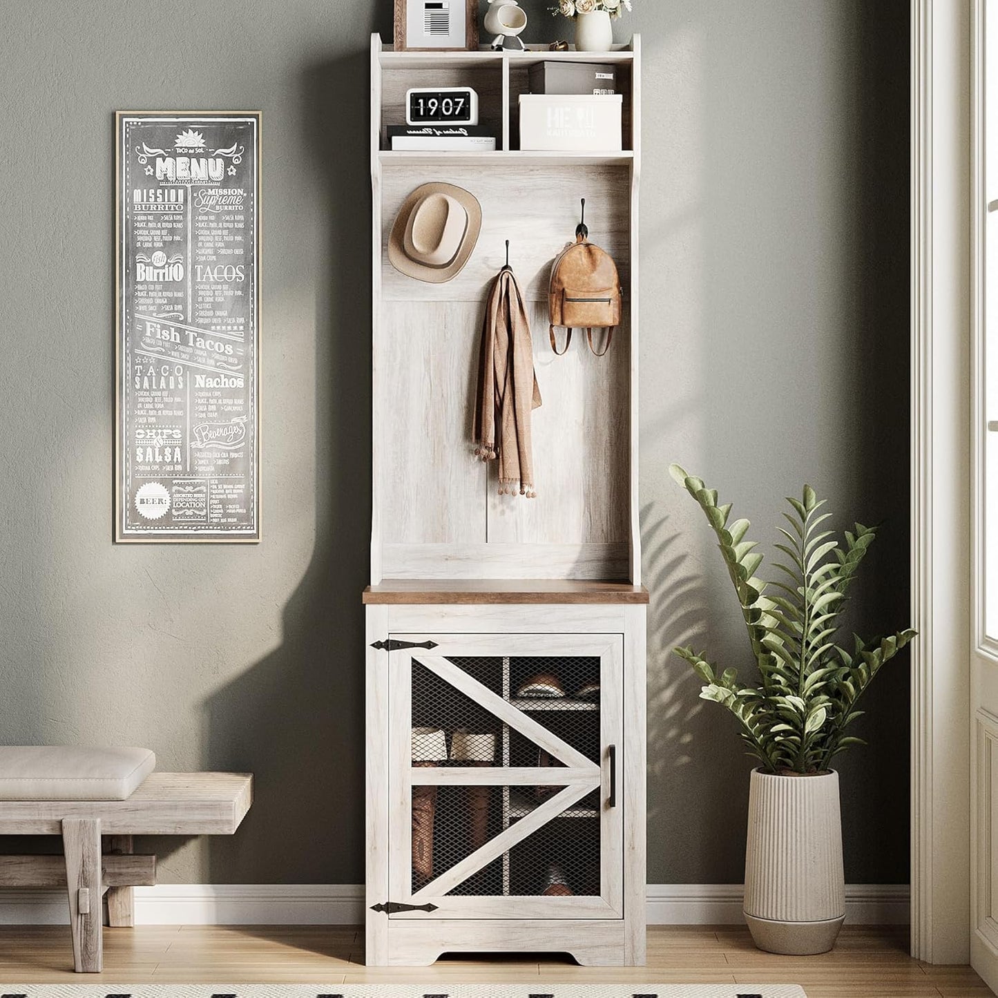 Farmhouse Hall Tree with Shoe Storage, 23" Entryway Narrow Coat Rack with 4 Cubbies, 3 Hooks & Mesh Barn Door, Coat Tree and Shoe Rack Entryway for Hallway, Living Room, Mudroom, Rustic White