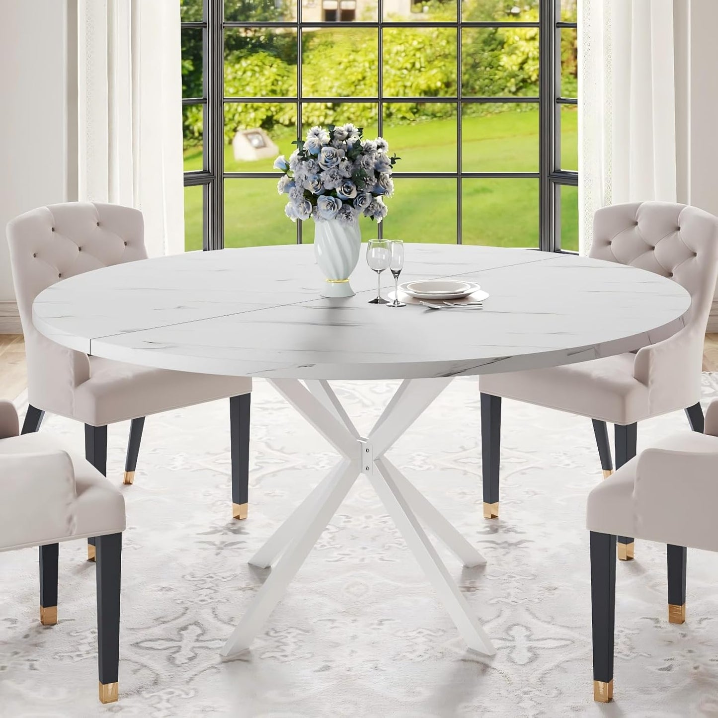 47.24" round Dining Table for 4-6 Person, round Kitchen Table with Wood Top, Circle Dinner Pedestal Tables with Metal Legs for Dining Room Kitchen (White Marble)