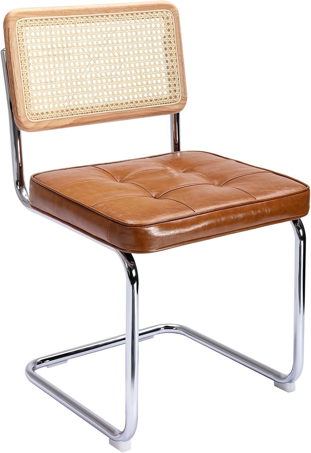 Natural Rattan Dining Chairs Set of 2, Modern Dining Room Chairs with Solid Wood Back for Kitchen Living Room, Mid Century Breuer Design Inspired, Upholstered Faux Leather Brown