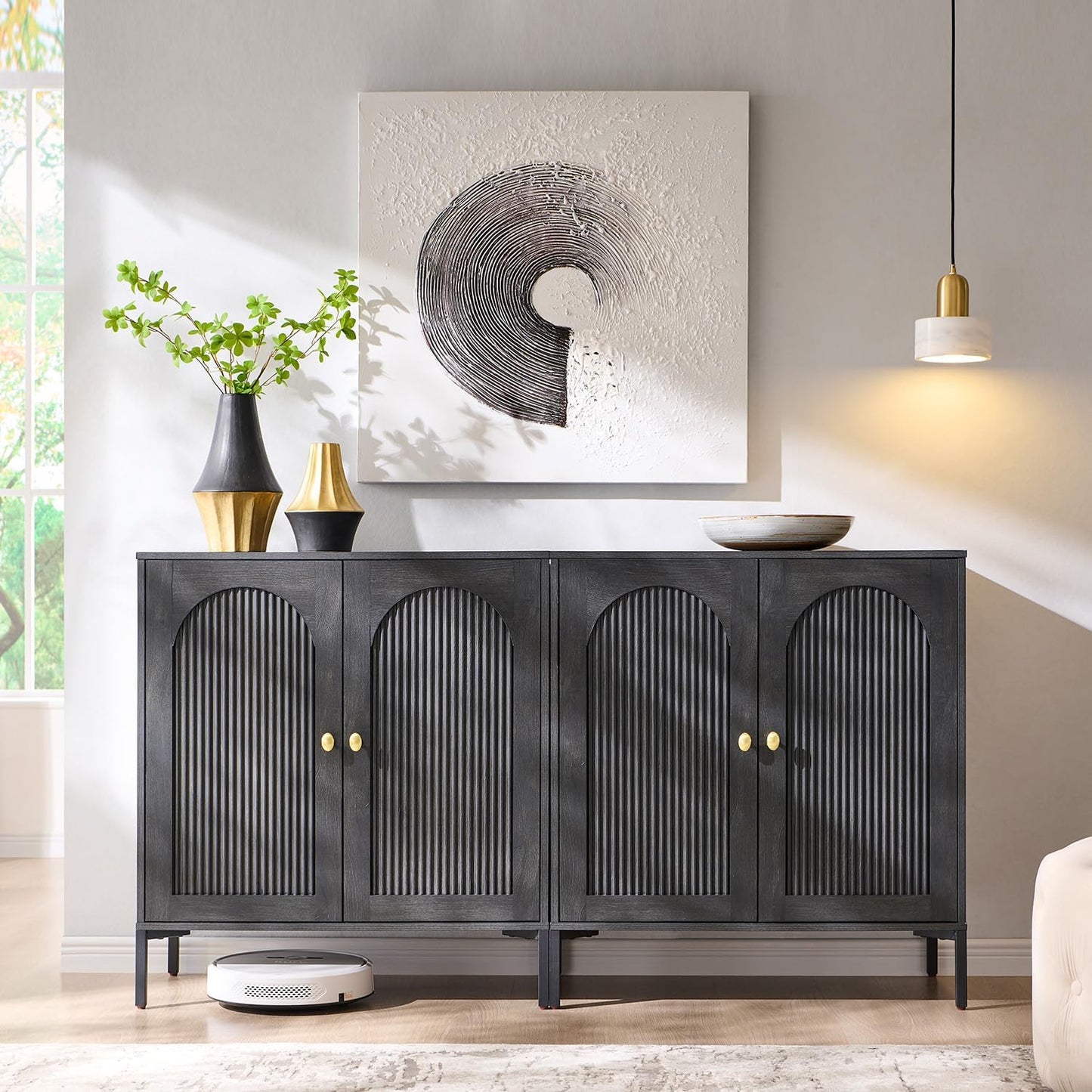 Modern Buffet Cabinet with Storage, 61.75" W Fluted Arched Sideboard Cabinet W/Adjustable Shelves, Wooden Modular Coffee Bar for Dining Room, Kitchen, Living Room, Entryway, Dark Grey