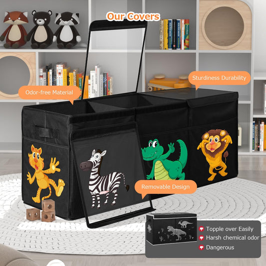 Extra Large Toy Box, Collapsible Sturdy Toy Storage Organizer with Lids, Dinosaur Storage Box for Boys Girls, 42"X16"X14" Kids Bin Chest Baskets for Living Room, Playroom, Bedroom, Nursery, Black